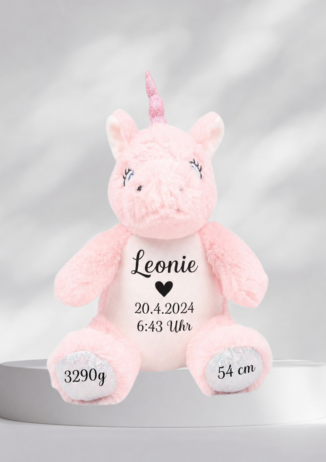 personalisiertes Kuscheltier mit Name & Geburtsdaten |  Einhorn